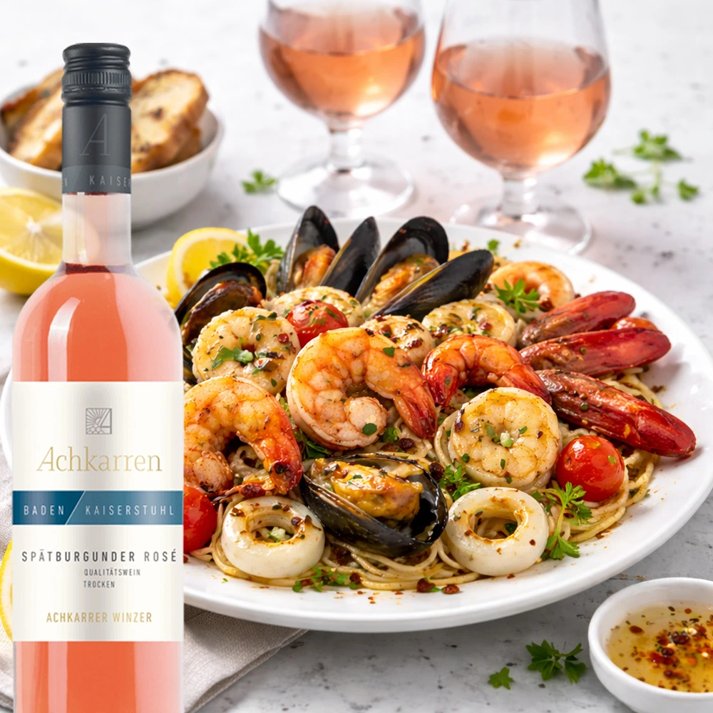 Glas Achkarren Spätburgunder Rosé auf einem Tisch serviert mit Schalentieren und Fisch, Kaiserstuhl