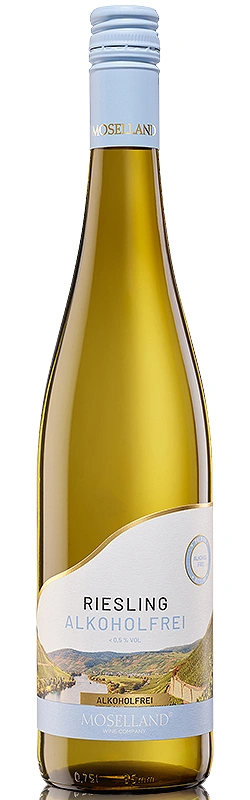 Moselland Riesling alkoholfrei - alkoholfreier Riesling von der Mosel, freigestellt vor weißem Hintergrund