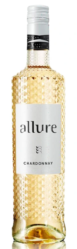 Einzelne Flasche Allure Chardonnay vor weißem Hintergrund, klare Darstellung der Etiketten