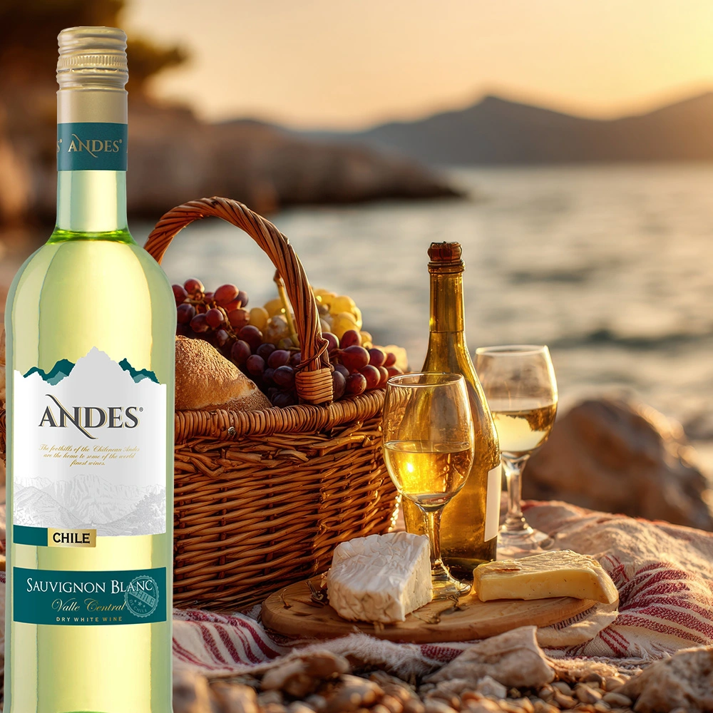 Flasche Andes Sauvignon Blanc neben einem Picknickkorb am Strand, im Hintergrund eine Bucht bei Sonnenuntergang