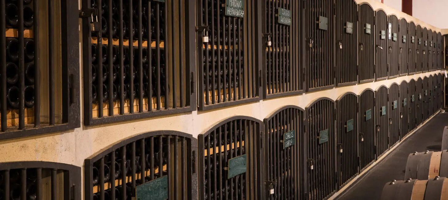 Weinkeller der Bodegas Ondarre mit Flaschendepots und gelagerten Weinflaschen in Reihen