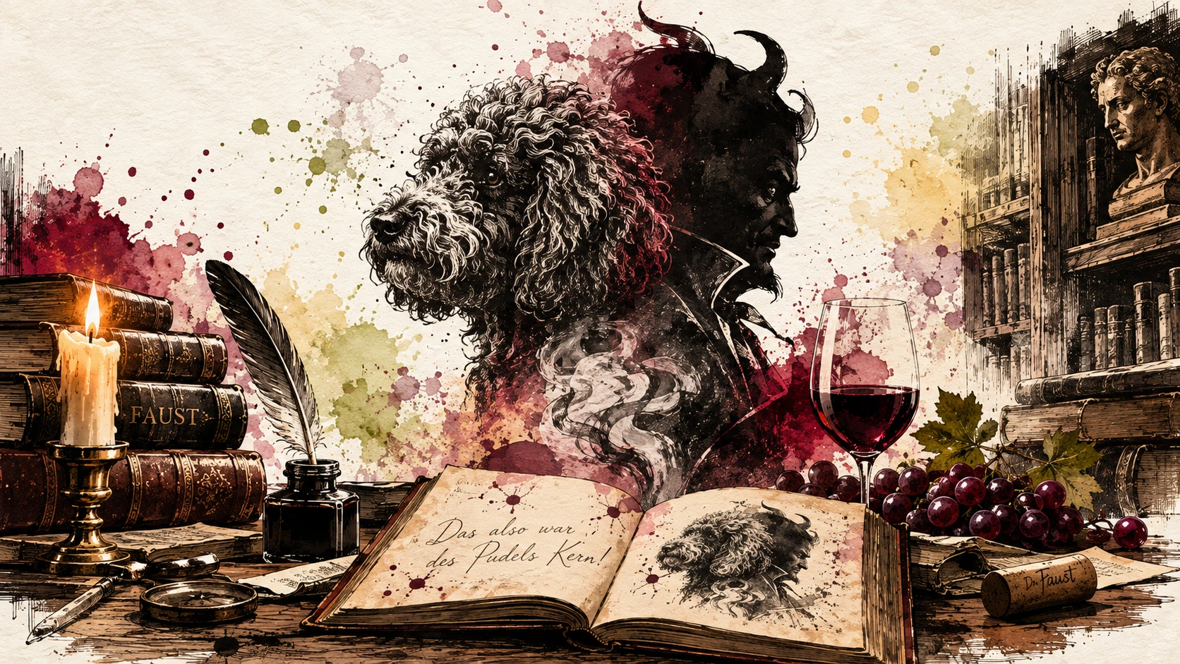 Dr. Faust Wein mit Pudel und Mephisto im historischen Studierzimmer mit Büchern und Rotwein
