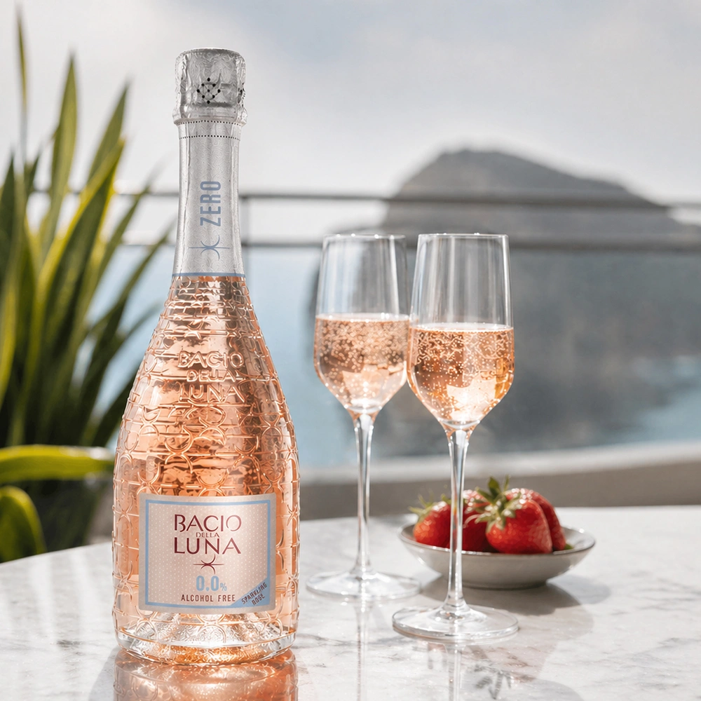 Flasche Bacio della Luna Sparkling Rosé 0,0% auf einer sonnigen Terrasse neben einem Teller frischer Erdbeeren