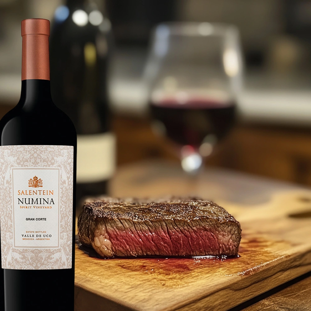 Bodegas Salentein Numina Gran Corte auf einem gedeckten Tisch, serviert zu einem saftigen Steak in eleganter Abendatmosphäre