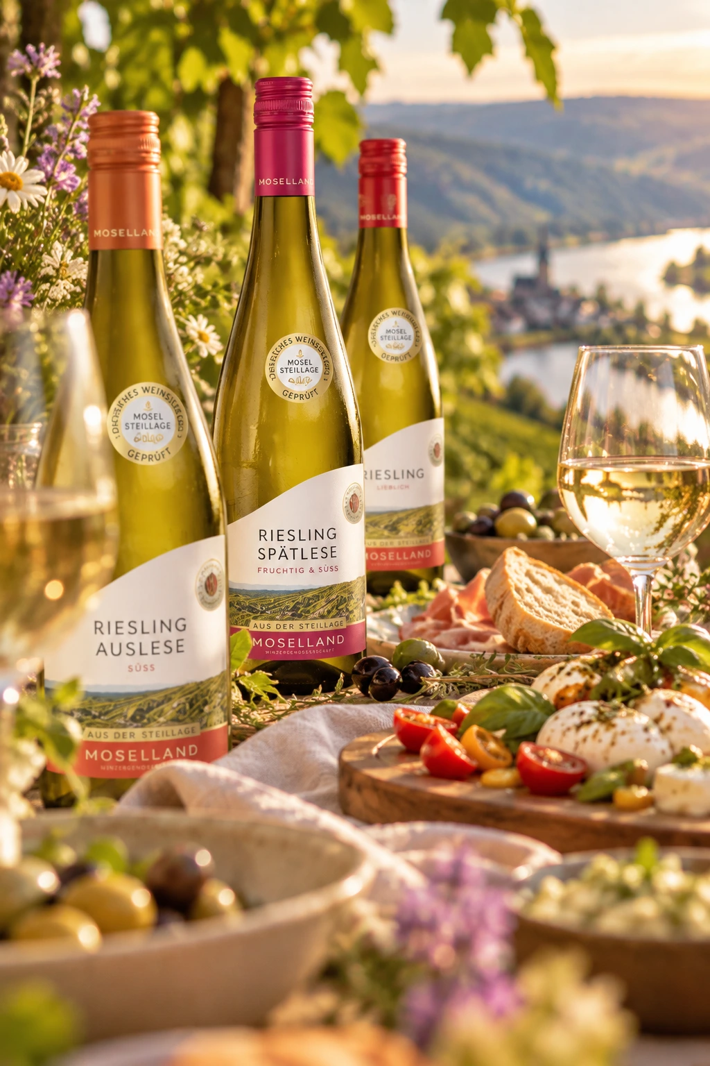Moselland Riesling Weine aus der Steillage auf sommerlicher Moselterrasse mit Speisen