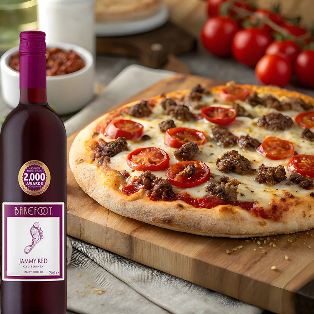 Barefoot Jammy Red Rotwein mit Pizza und frischen Tomaten auf rustikalem Holzbrett