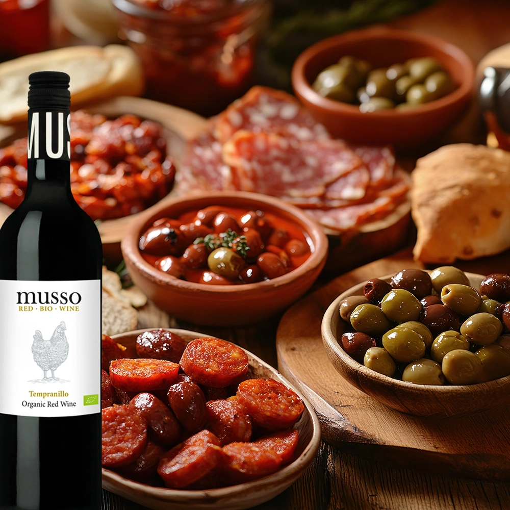 Musso Tempranillo Bio Rotwein mit Tapas-Schälchen auf rustikaler Holzplatte stilvoll angerichtet