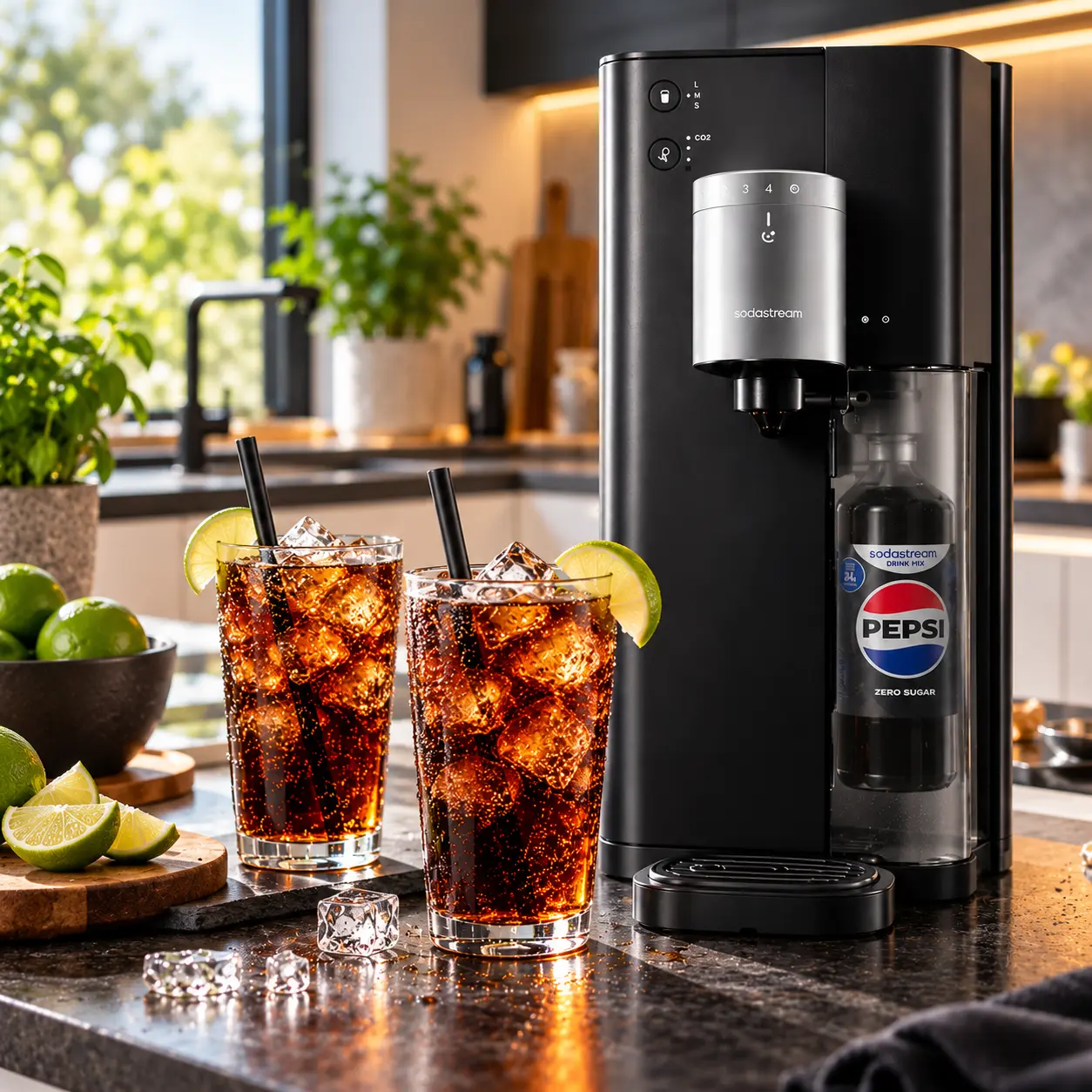SodaStream Ultimate Multi-Drink Sprudler in Schwarz mit zwei Gläsern Pepsi Zero Sugar, Eiswürfeln und Limetten in einer modernen Küche
