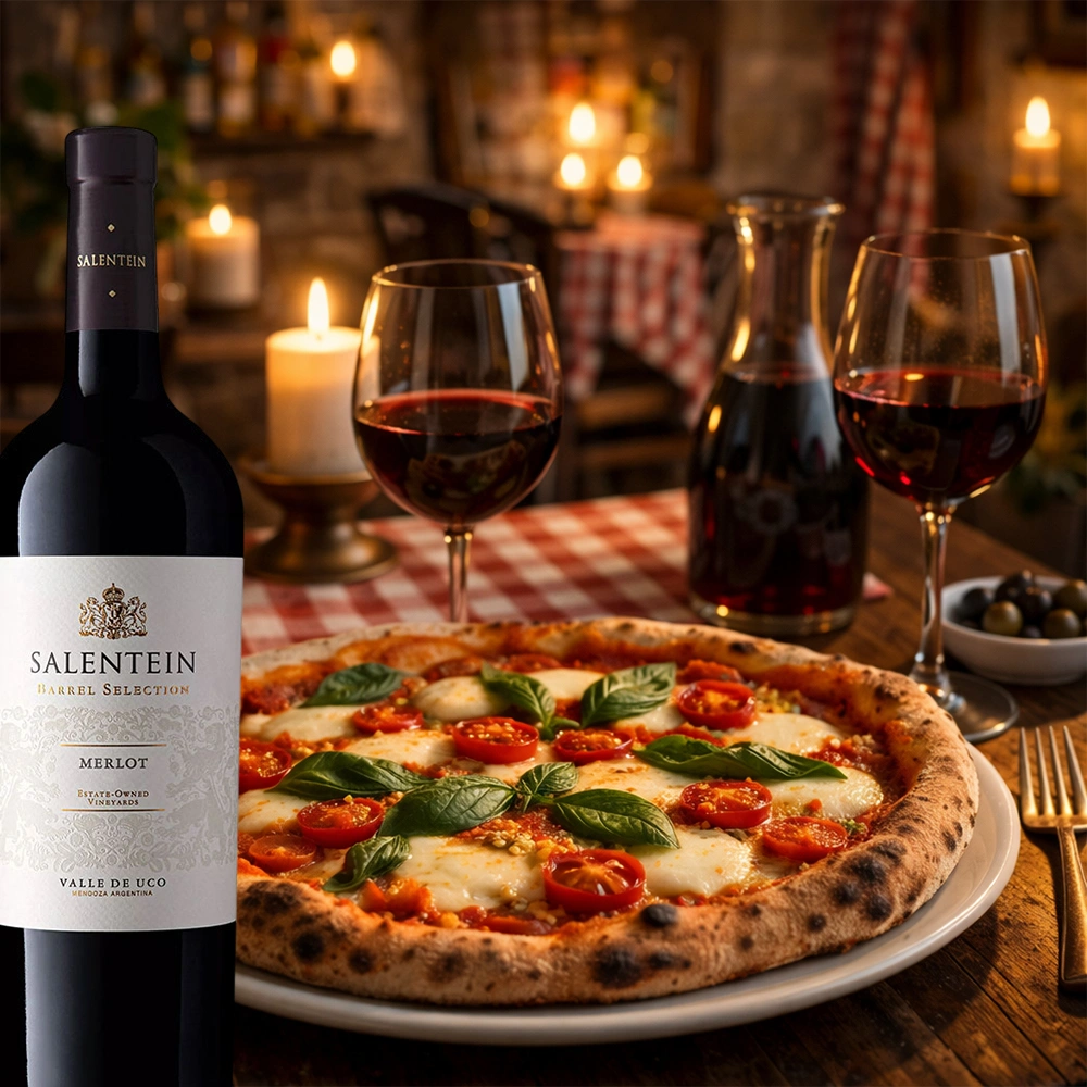 Bodegas Salentein Barrel Selection Merlot auf einem festlich gedeckten Tisch im Restaurant, serviert zu frisch gebackener Pizza in eleganter Atmosphäre