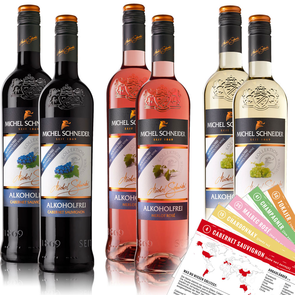 Michel Schneider Wein alkoholfrei Probierpaket  (6 x 0,75l) + VINOX Winecards