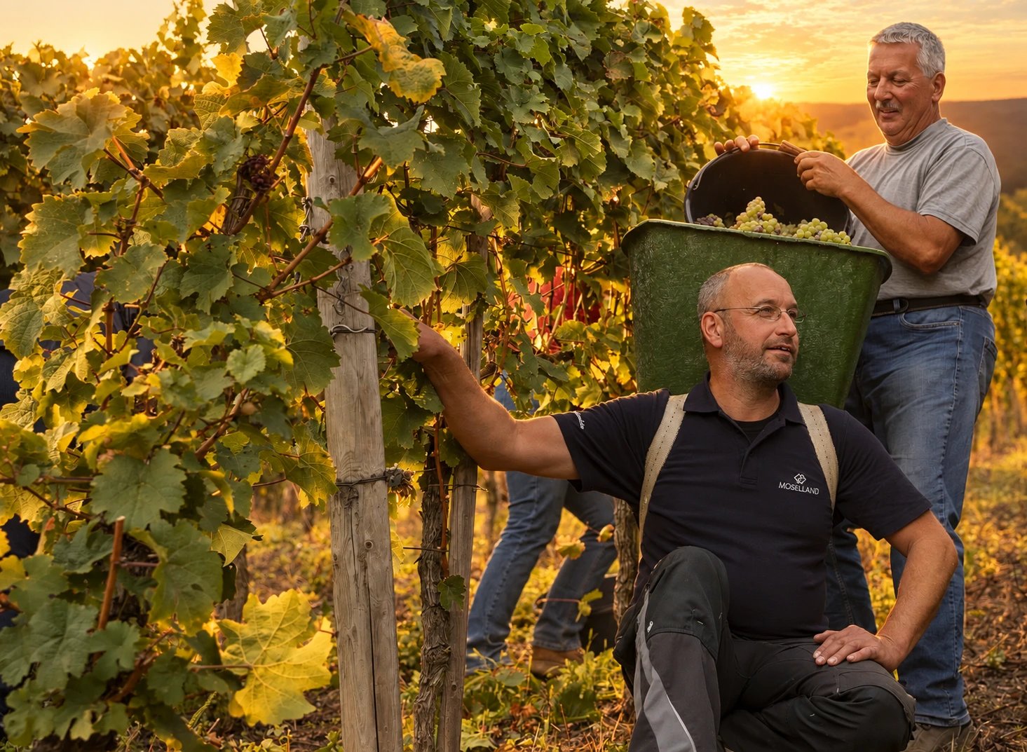 Moselland Winzer bei der Weinlese in den Moselweinbergen im warmen Abendlicht