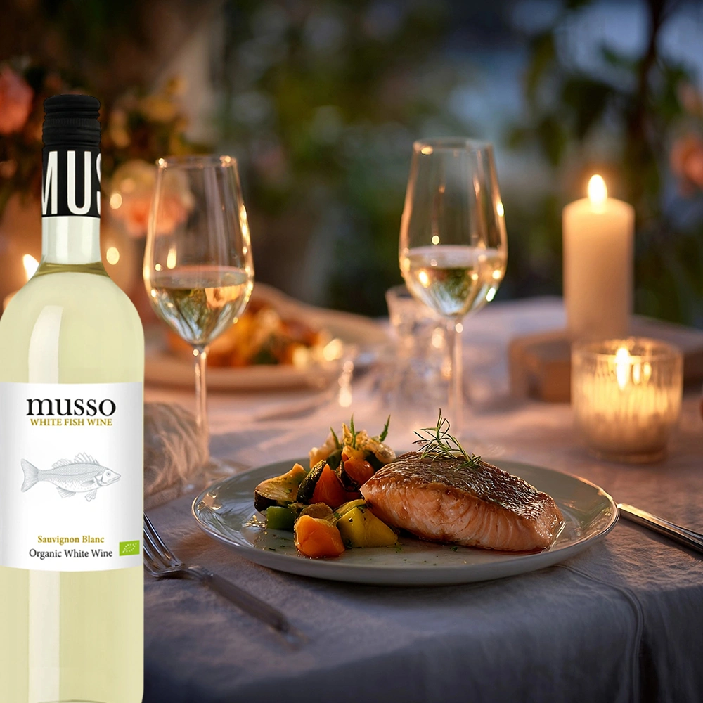 Musso Sauvignon Blanc Bio Weißwein auf stimmungsvoll gedecktem Tisch mit feinem Fischgericht angerichtet