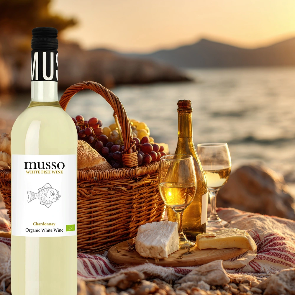 Musso Chardonnay Bio Weißwein mit Picknickkorb am Strand bei stimmungsvollem Sonnenuntergang