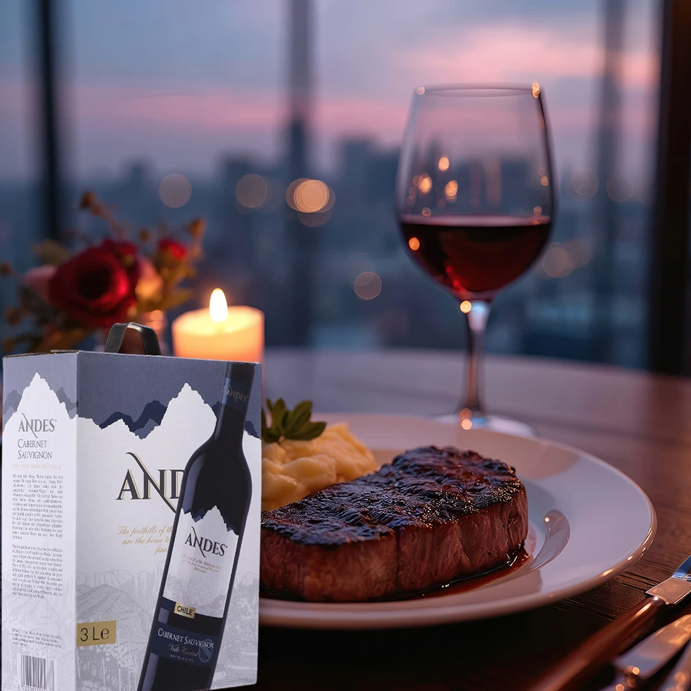 Bag-in-Box Wein Andes Cabernet Sauvignon 3 Liter mit saftigem Steak auf einem Tisch, im Hintergrund beleuchtete City-Skyline bei Abenddämmerung