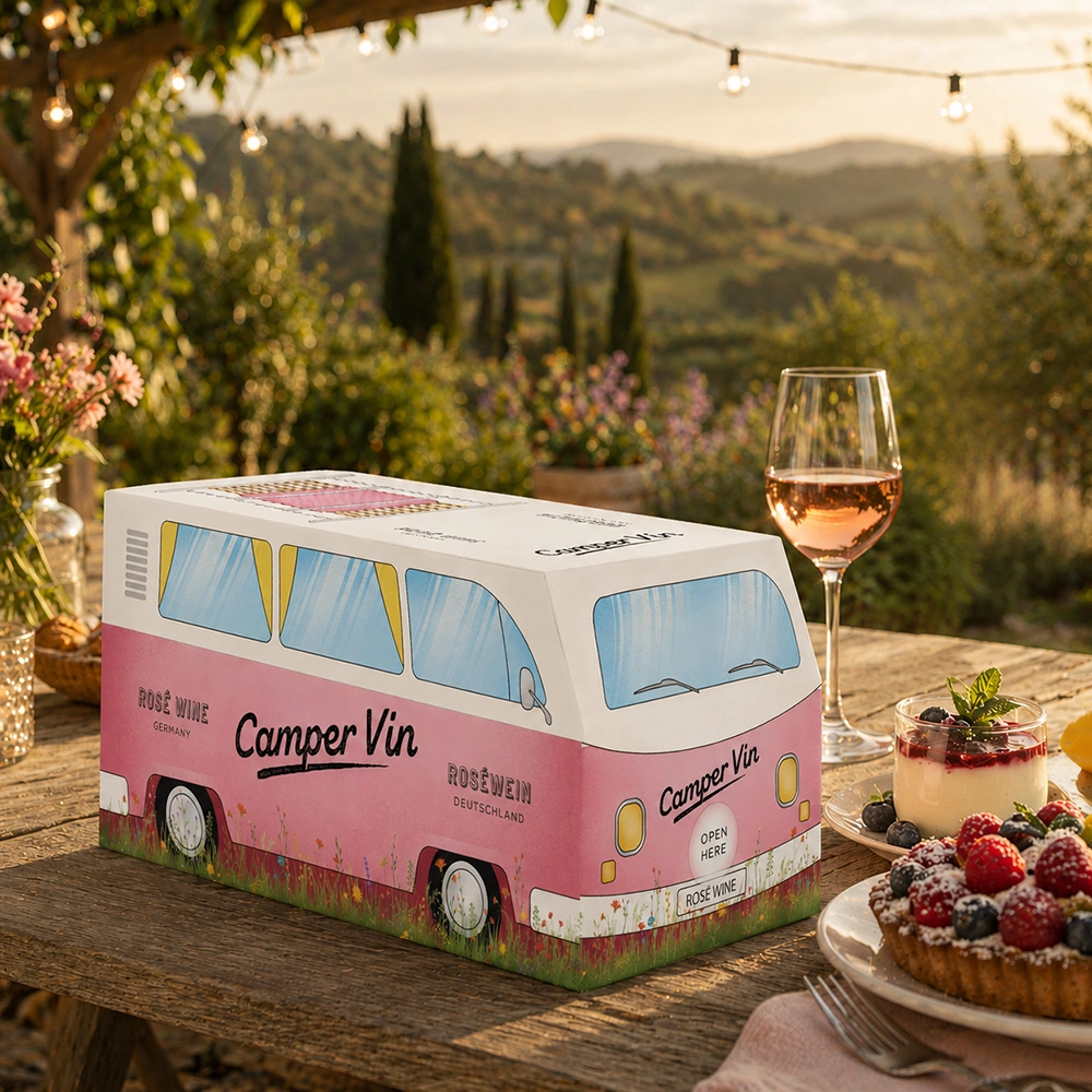 Camper Vin Rosé Bag-in-Box mit fruchtigem Dessert und sommerlicher Aussicht