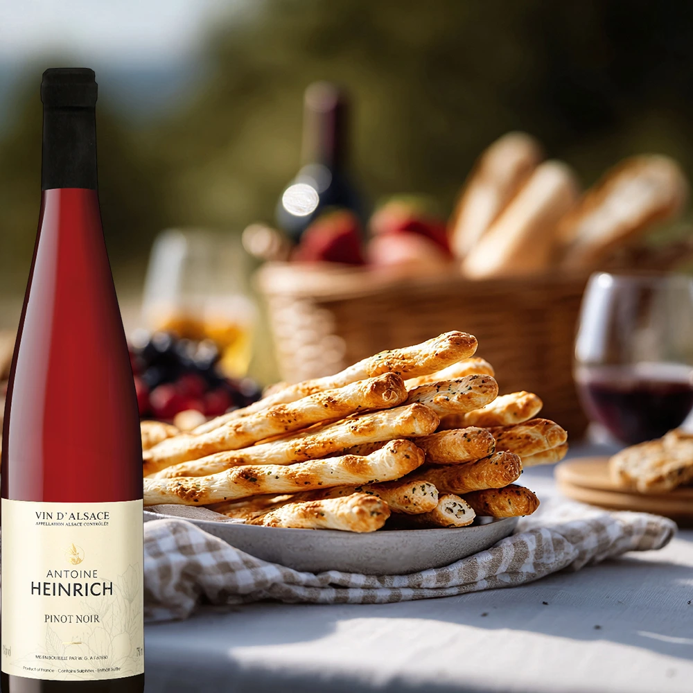 Antoine Heinrich Pinot Noir mit Picknickkorb und Gebäckstangen in einer entspannten Outdoor-Szene