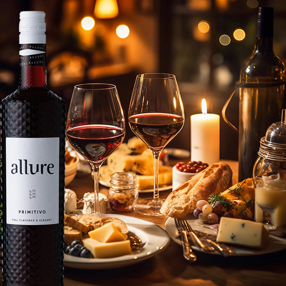Flasche Allure Primitivo neben einer Käseplatte auf einem Tisch bei Kerzenschein, warme und gemütliche Atmosphäre