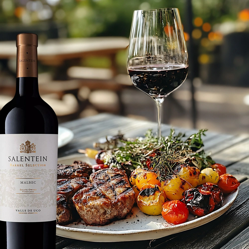 Bodegas Salentein Barrel Selection Malbec auf einer sommerlichen Terrasse, serviert zu Steak und gegrilltem Gemüse in entspannter Abendstimmung