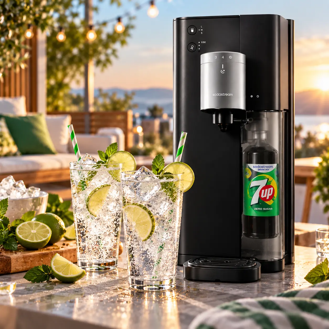 SodaStream Ultimate Multi-Drink Sprudler in Schwarz mit zwei Gläsern 7UP Zero Sugar, Eiswürfeln, frischer Limette und Minze auf einer sonnigen Terrasse
