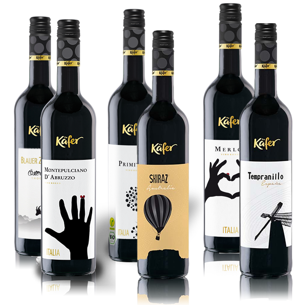 Käfer Rotwein Probierpaket (6 x 0,75l) + VINOX Winecards