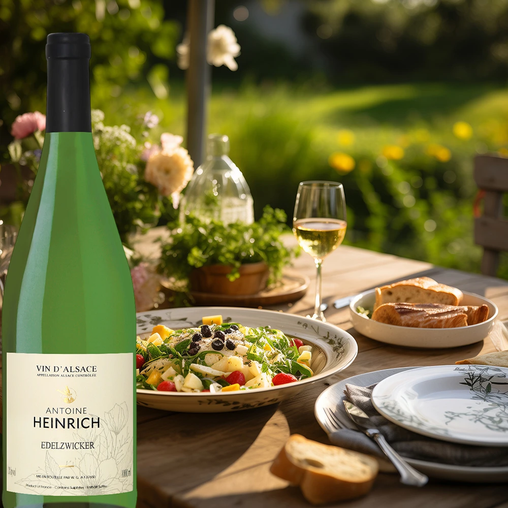 Sommerlicher Tisch mit Antoine Heinrich Edelzwicker, serviert mit frischem Salat, Brot und einem Glas Weißwein in entspannter Atmosphäre