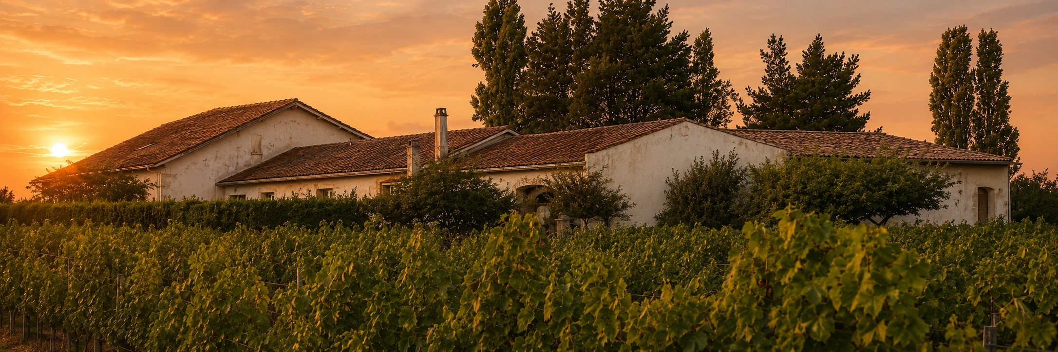 Château Margerots Weingut mit Weinreben im Vordergrund bei stimmungsvollem Sonnenuntergang in Bordeaux