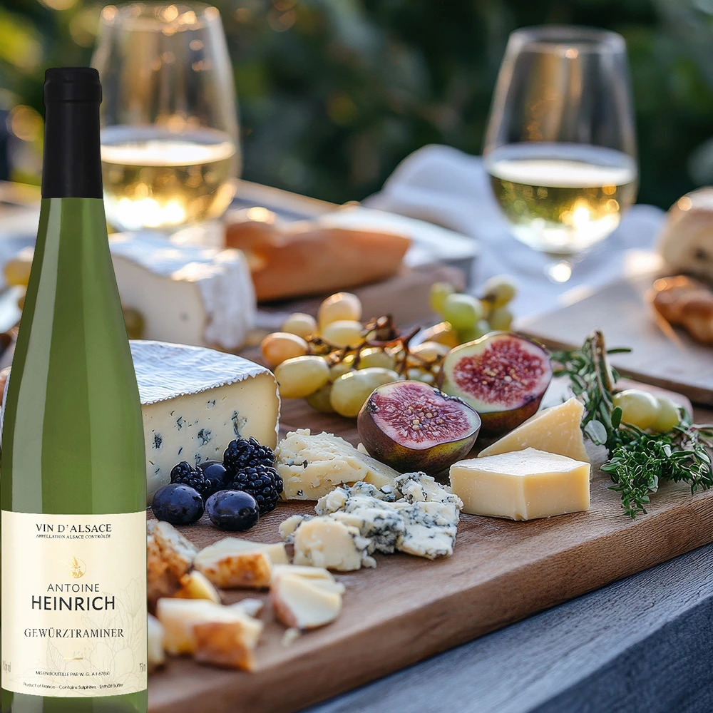 Antoine Heinrich Gewürztraminer mit Käseplatte, Feigen und Trauben auf rustikaler Holzplatte serviert