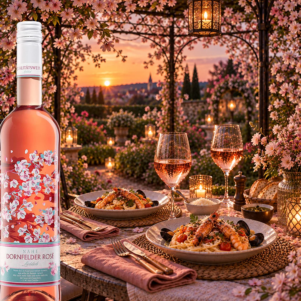 Kirschgarten Dornfelder Rosé aus der Nahe mit Pasta und Garnelen
