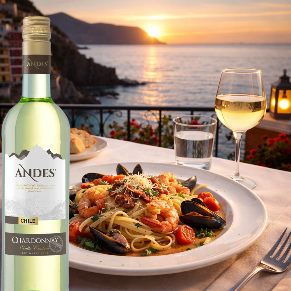 Flasche Andes Chardonnay 0,75 L mit einem Teller Meeresfrüchte auf gedecktem Tisch, Sonnenuntergang über einer malerischen Bucht im Hintergrund
