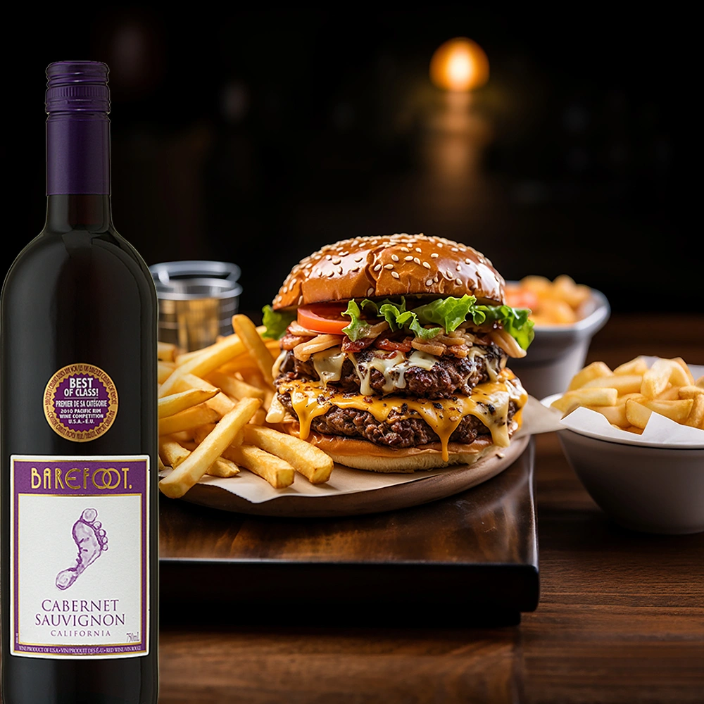 Barefoot Cabernet Sauvignon Rotwein mit Burger und Pommes Frites auf rustikalem Holztisch