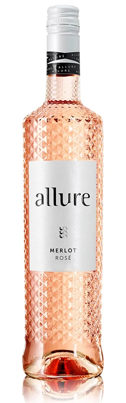 Einzelne Flasche Allure Merlot Rosé vor weißem Hintergrund, klare Darstellung des Etiketts