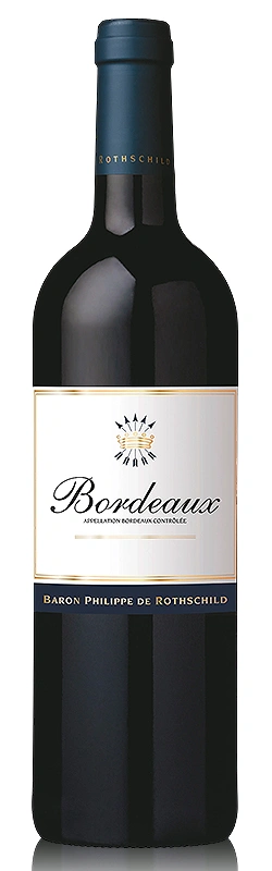 Baron Philippe de Rothschild Bordeaux Rouge freigestellt vor weißem Hintergrund mit klar sichtbarer Weinflasche