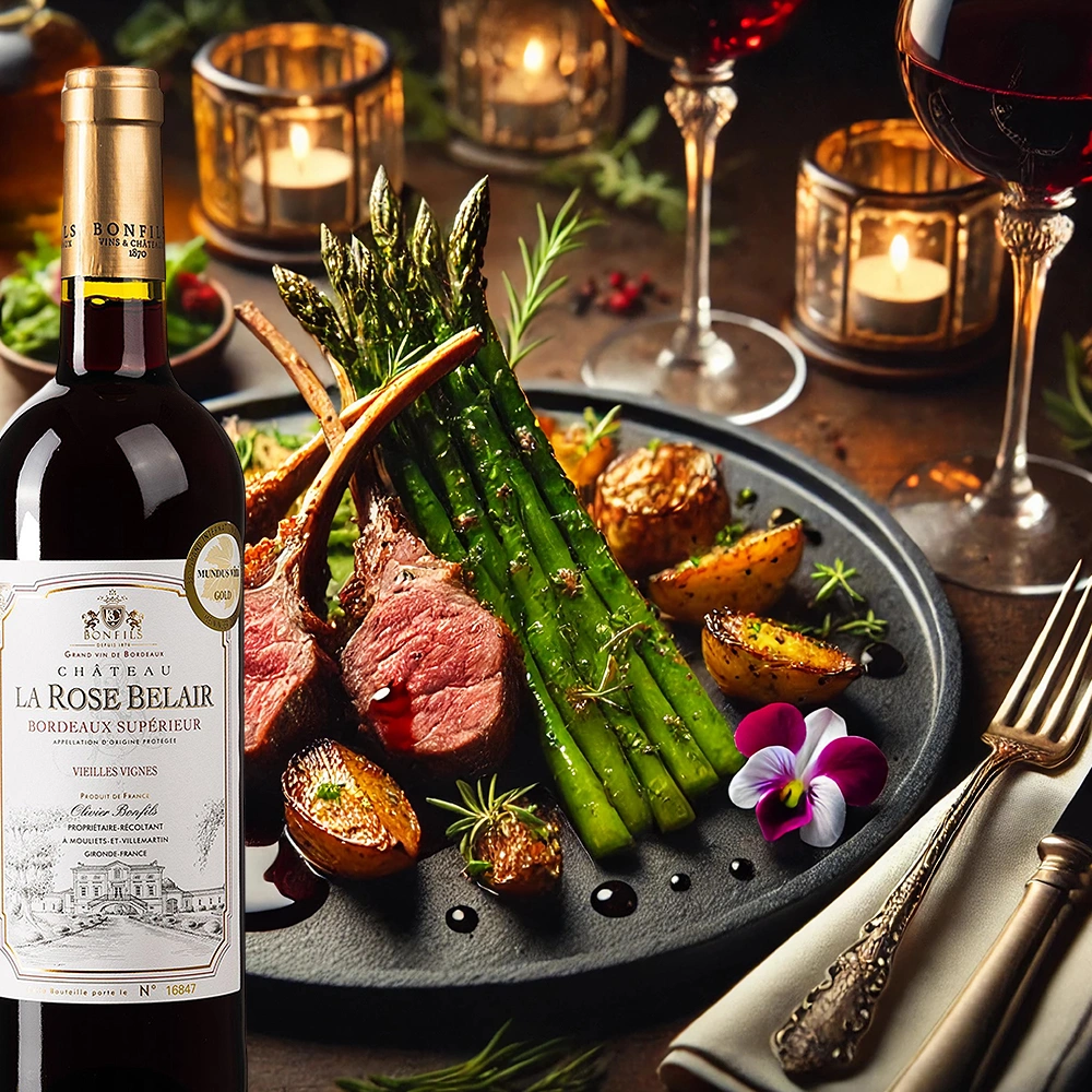 Bonfils Château La Rose Belair Bordeaux Supérieur mit Lammkarree, grünem Spargel und Röstkartoffeln auf festlich gedecktem Tisch bei Kerzenschein