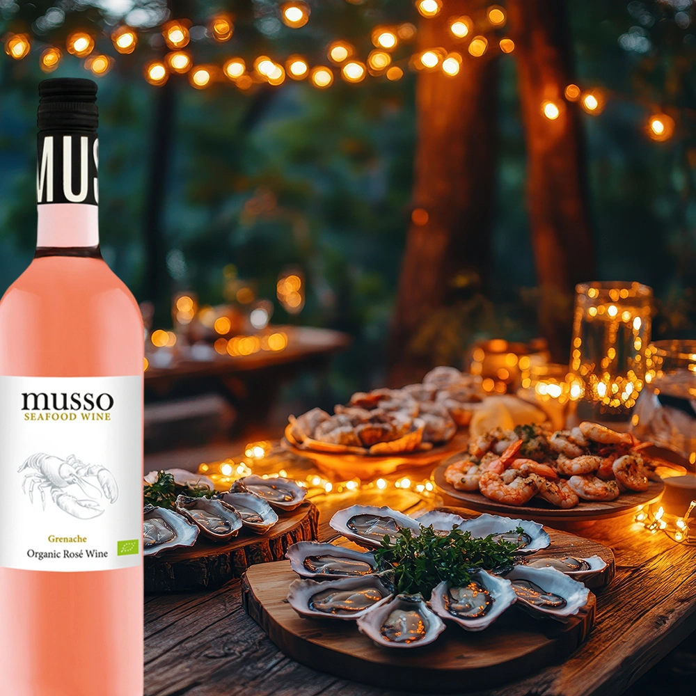 Musso Grenache Bio Roséwein mit frischen Schalentieren auf einer abendlichen Terrasse mit stimmungsvoller Lichterkette