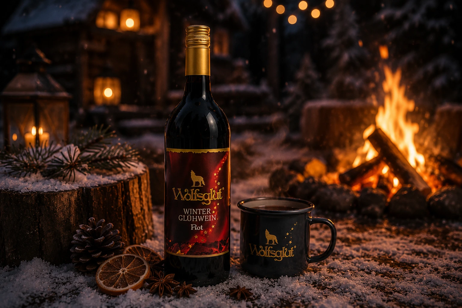 Wolfsglut Rot Glühwein am knisternden Lagerfeuer im Schnee mit gemütlicher Holzhütte im winterlichen Hintergrund