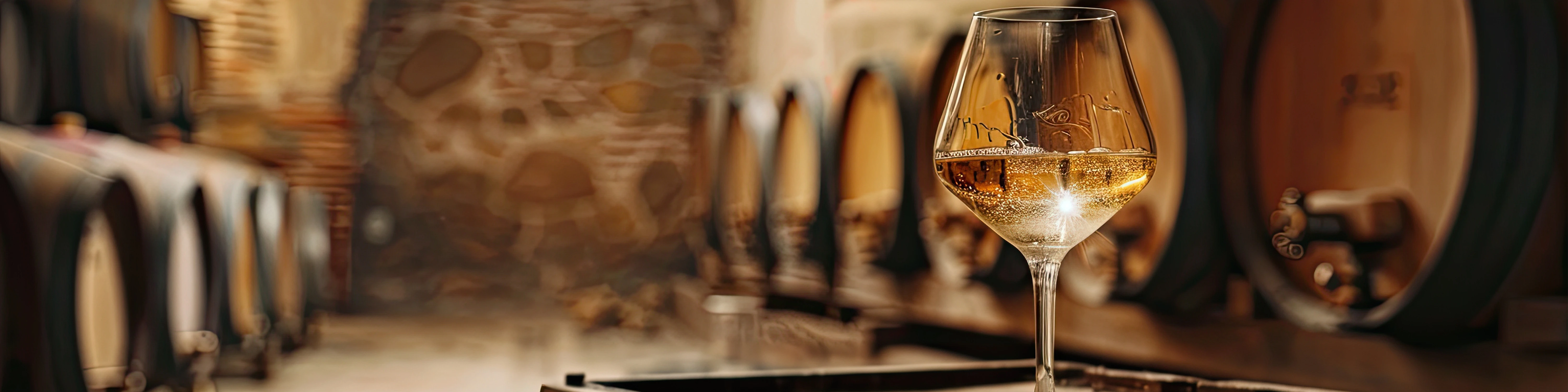 Glas Weißwein vor Weinfässern im Keller, ideal zum Wein genießen