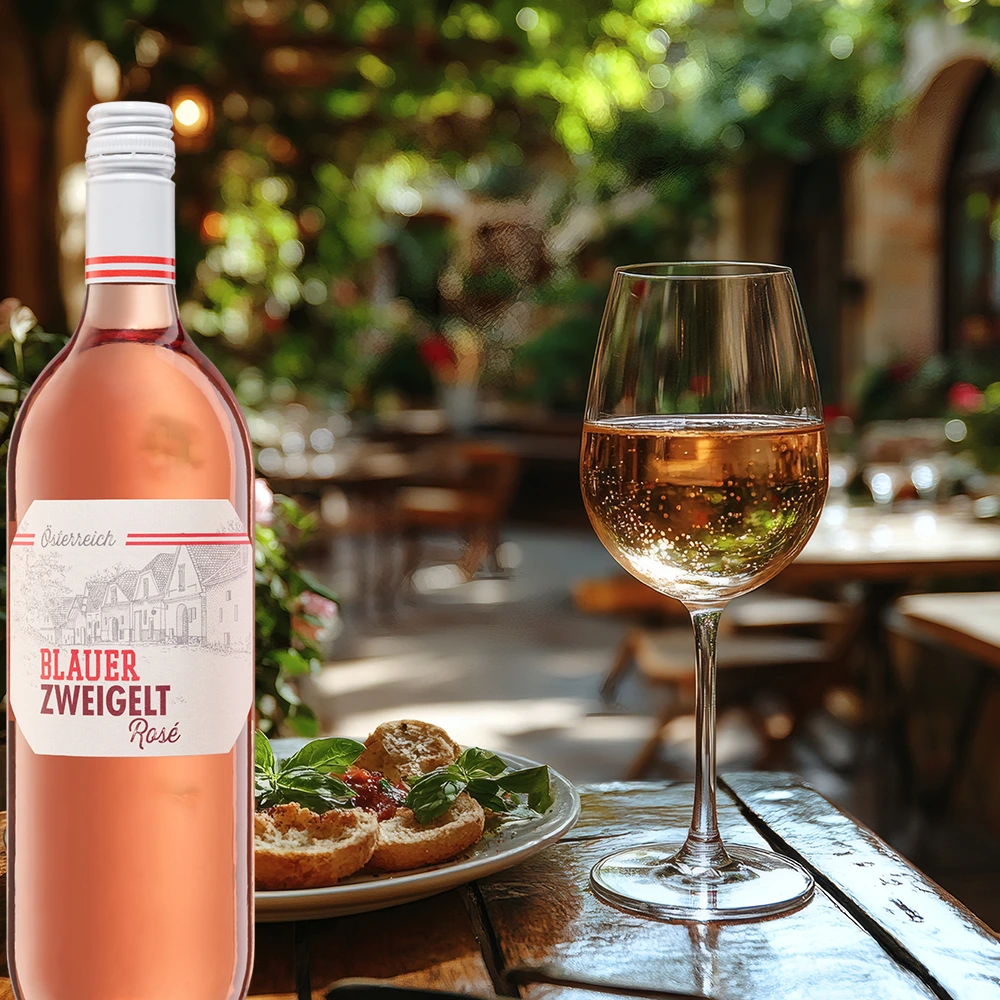 Aichenberg Blauer Zweigelt Rosé serviert mit Bruschetta auf Tisch im mediterranen Restaurant
