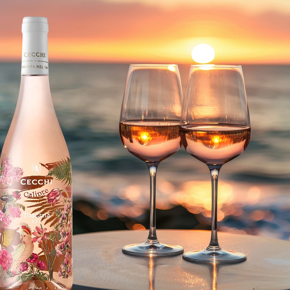 Cecchi Calipte Toscana Rosato Weinflasche am Strand bei Sonnenuntergang, stimmungsvolle Szene mit warmem Abendlicht und mediterraner Atmosphäre